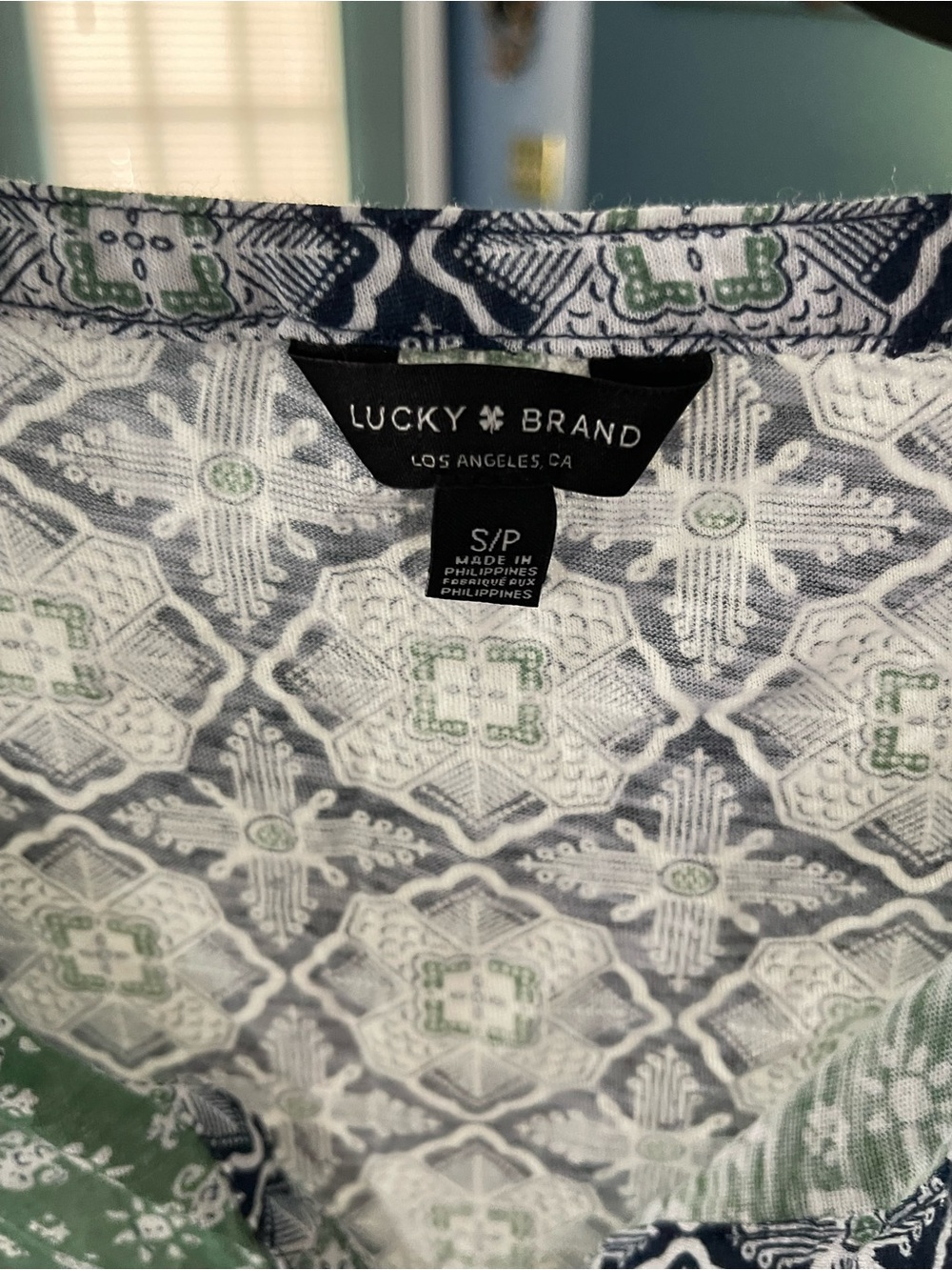 Lucky Brand Navy and Green Mixed-Print Split-Neck Top - Picture 2 of 2
